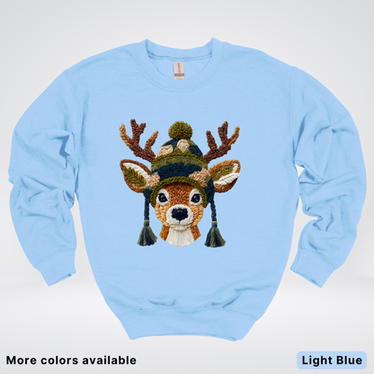 Cozy Winter Reindeer Hook Yard Faux Texture - Crewneck Sweatshirt