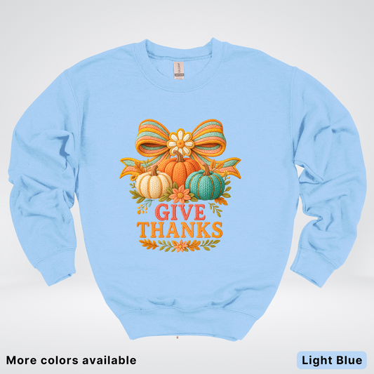 Give Thanks Crochet Thanksgiving Fall Pumpkin - Crewneck Sweatshirt