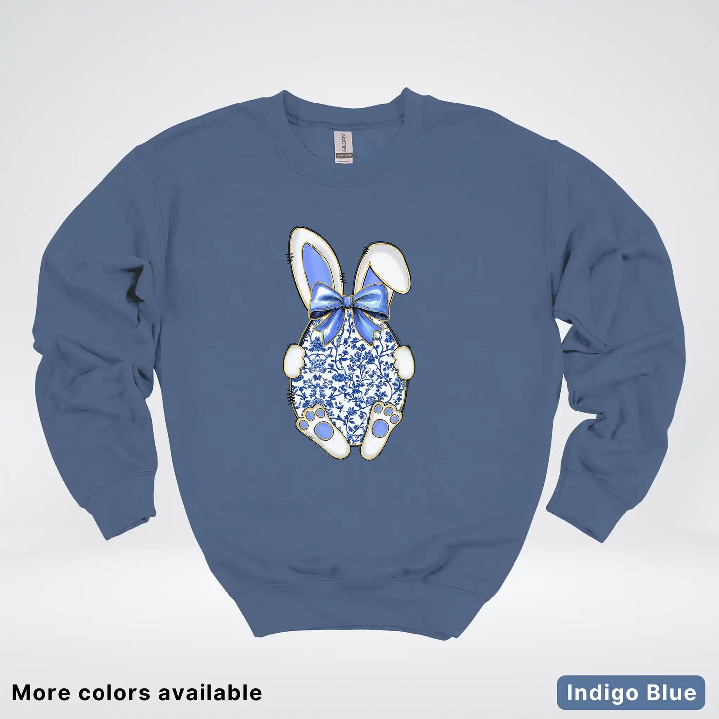 Blue Toile Easter Bunny – Porcelain Bow Bunny Spring Graphic - Crewneck Sweatshirt
