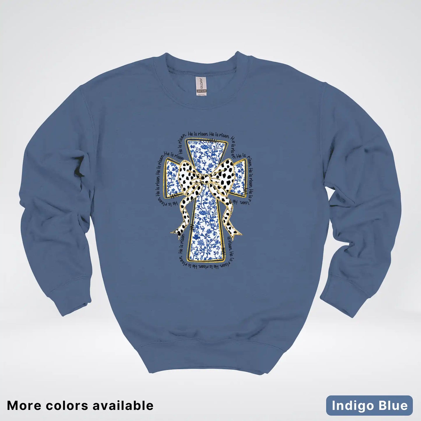 He Is Risen Cross – Blue Toile Easter Faith Graphic - Crewneck Sweatshirt