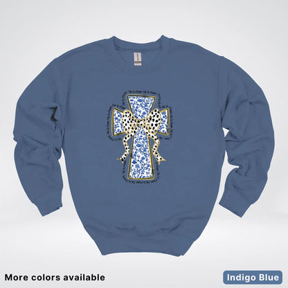 He Is Risen Cross – Blue Toile Easter Faith Graphic - Crewneck Sweatshirt