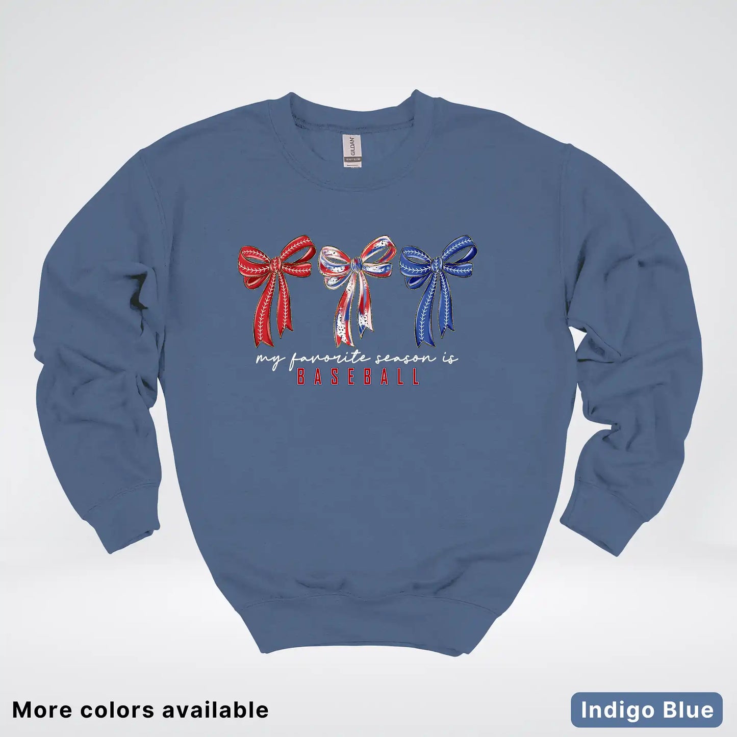 My Favorite Season Is Baseball – Red White Blue Bow Graphic Crewneck Sweatshirt