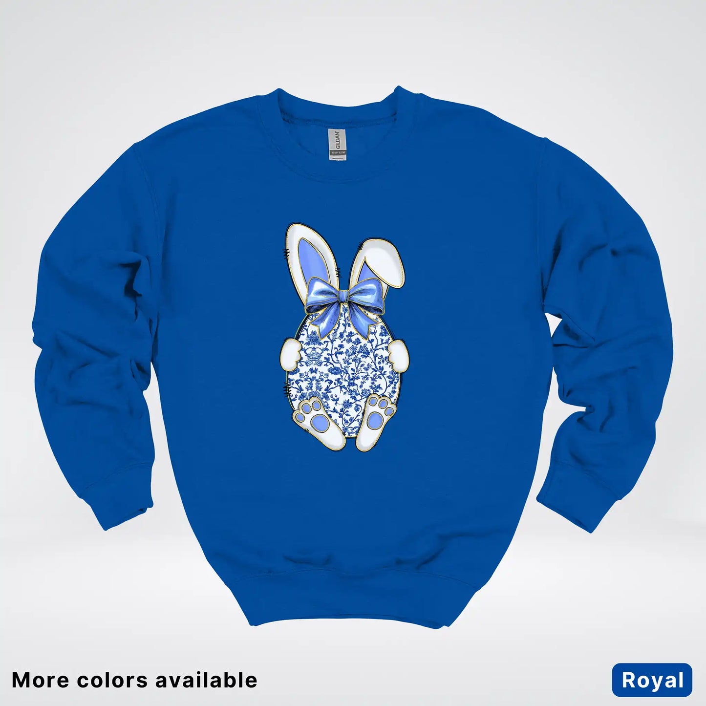 Blue Toile Easter Bunny – Porcelain Bow Bunny Spring Graphic - Crewneck Sweatshirt