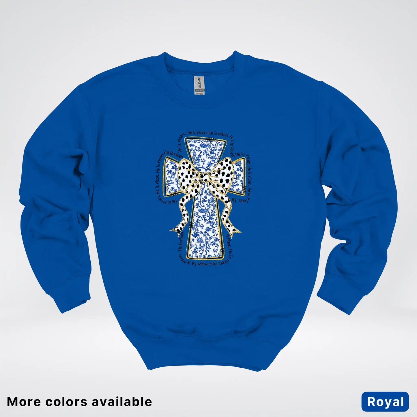 He Is Risen Cross – Blue Toile Easter Faith Graphic - Crewneck Sweatshirt