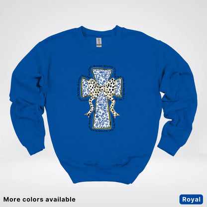 He Is Risen Cross – Blue Toile Easter Faith Graphic - Crewneck Sweatshirt