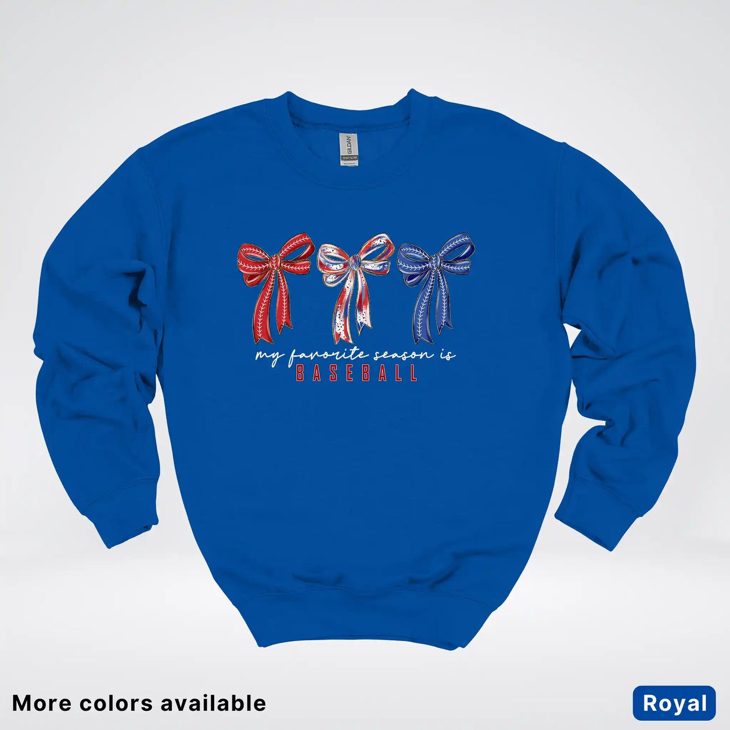 My Favorite Season Is Baseball – Red White Blue Bow Graphic Crewneck Sweatshirt