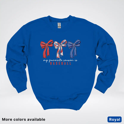 My Favorite Season Is Baseball – Red White Blue Bow Graphic Crewneck Sweatshirt