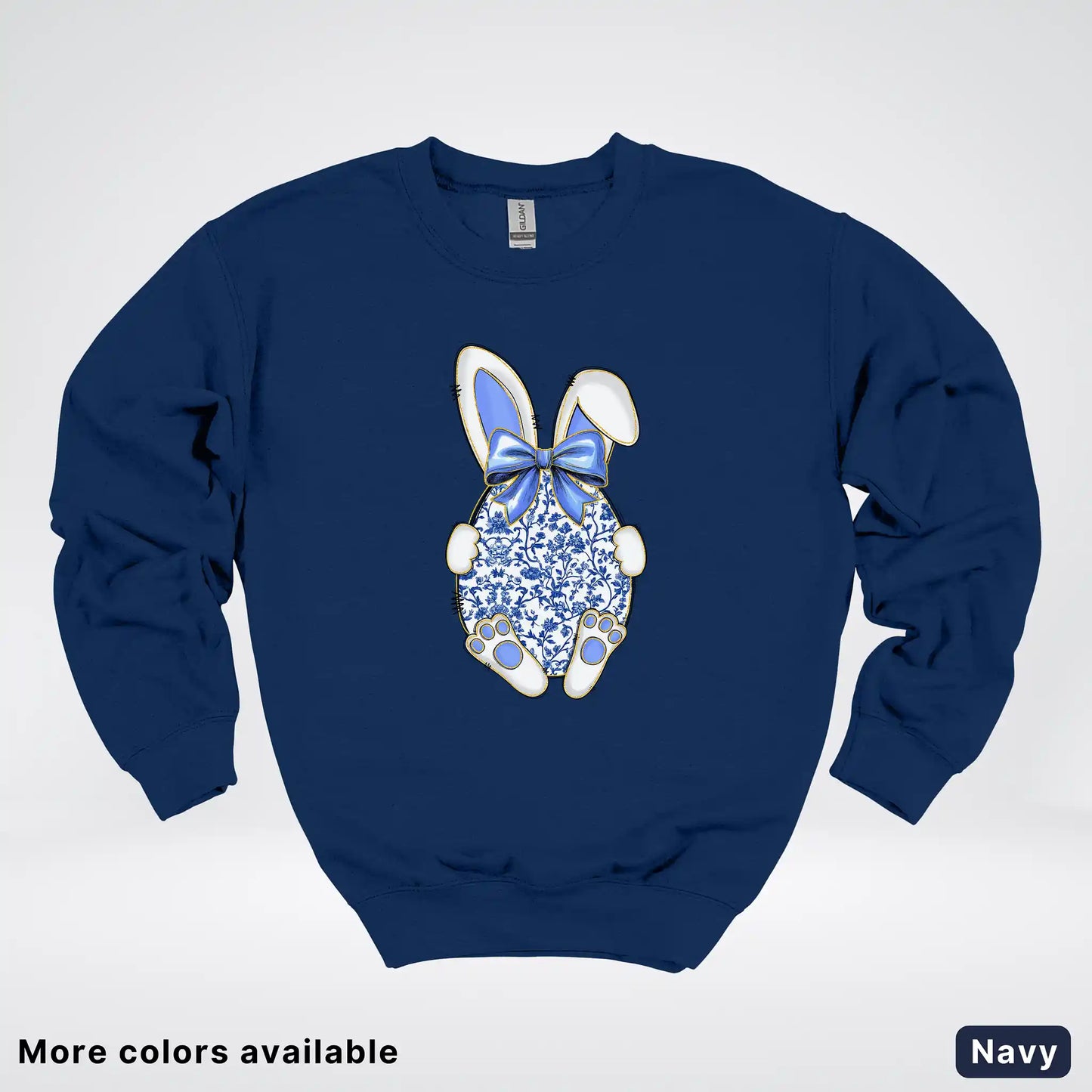 Blue Toile Easter Bunny – Porcelain Bow Bunny Spring Graphic - Crewneck Sweatshirt