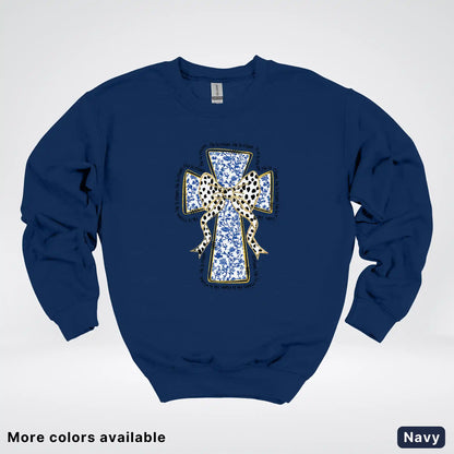 He Is Risen Cross – Blue Toile Easter Faith Graphic - Crewneck Sweatshirt