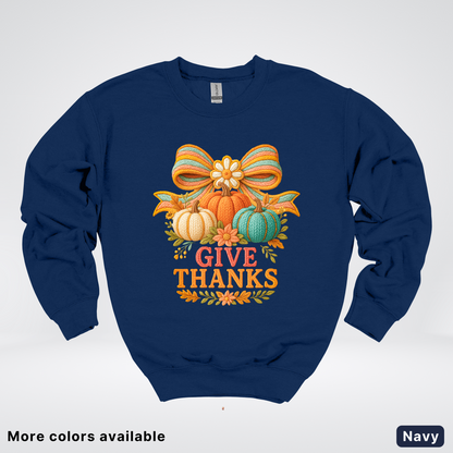Give Thanks Crochet Thanksgiving Fall Pumpkin - Crewneck Sweatshirt
