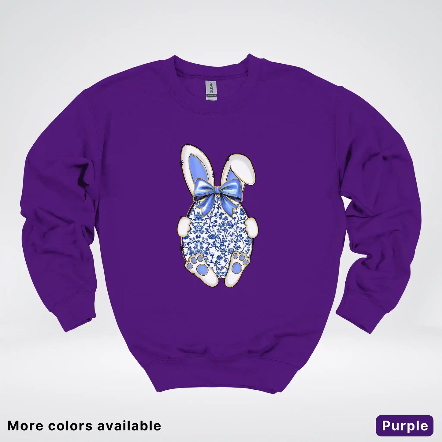 Blue Toile Easter Bunny – Porcelain Bow Bunny Spring Graphic - Crewneck Sweatshirt