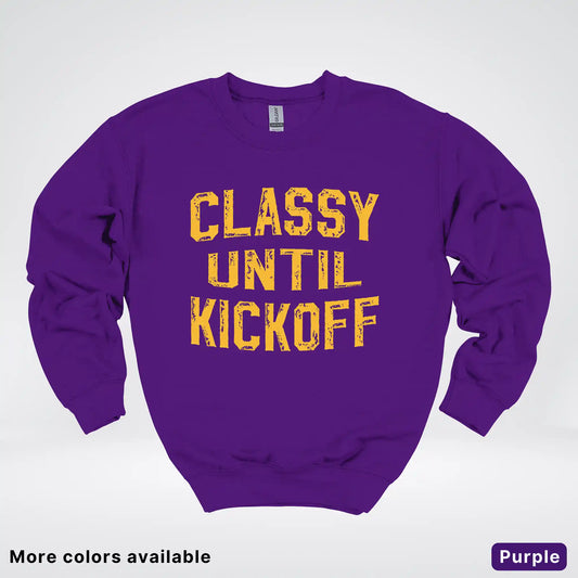 Classy Until Kickoff – Purple & Victory Gold Football Fan Graphic - Crewneck Sweatshirt