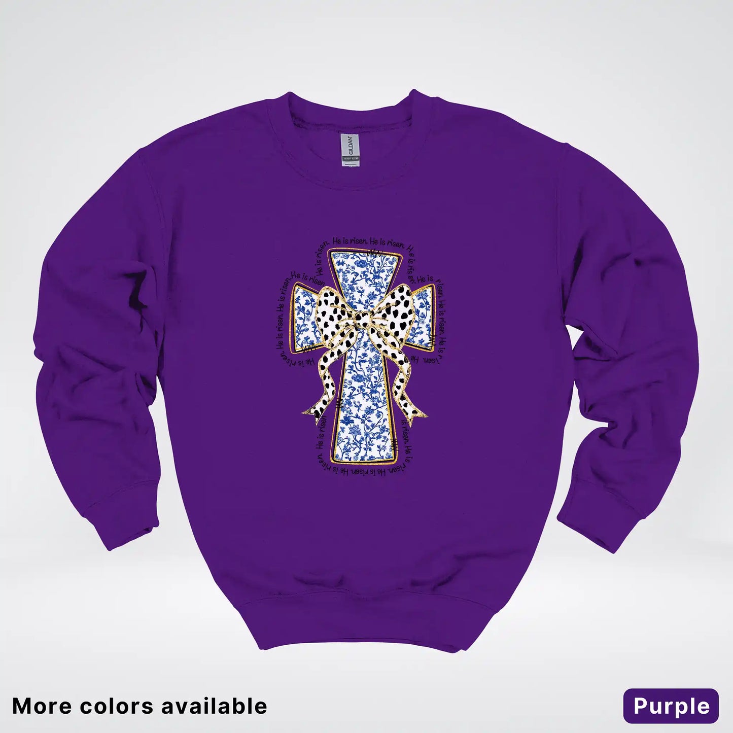 He Is Risen Cross – Blue Toile Easter Faith Graphic - Crewneck Sweatshirt