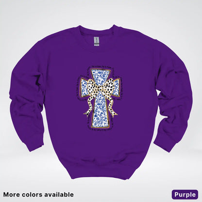 He Is Risen Cross – Blue Toile Easter Faith Graphic - Crewneck Sweatshirt