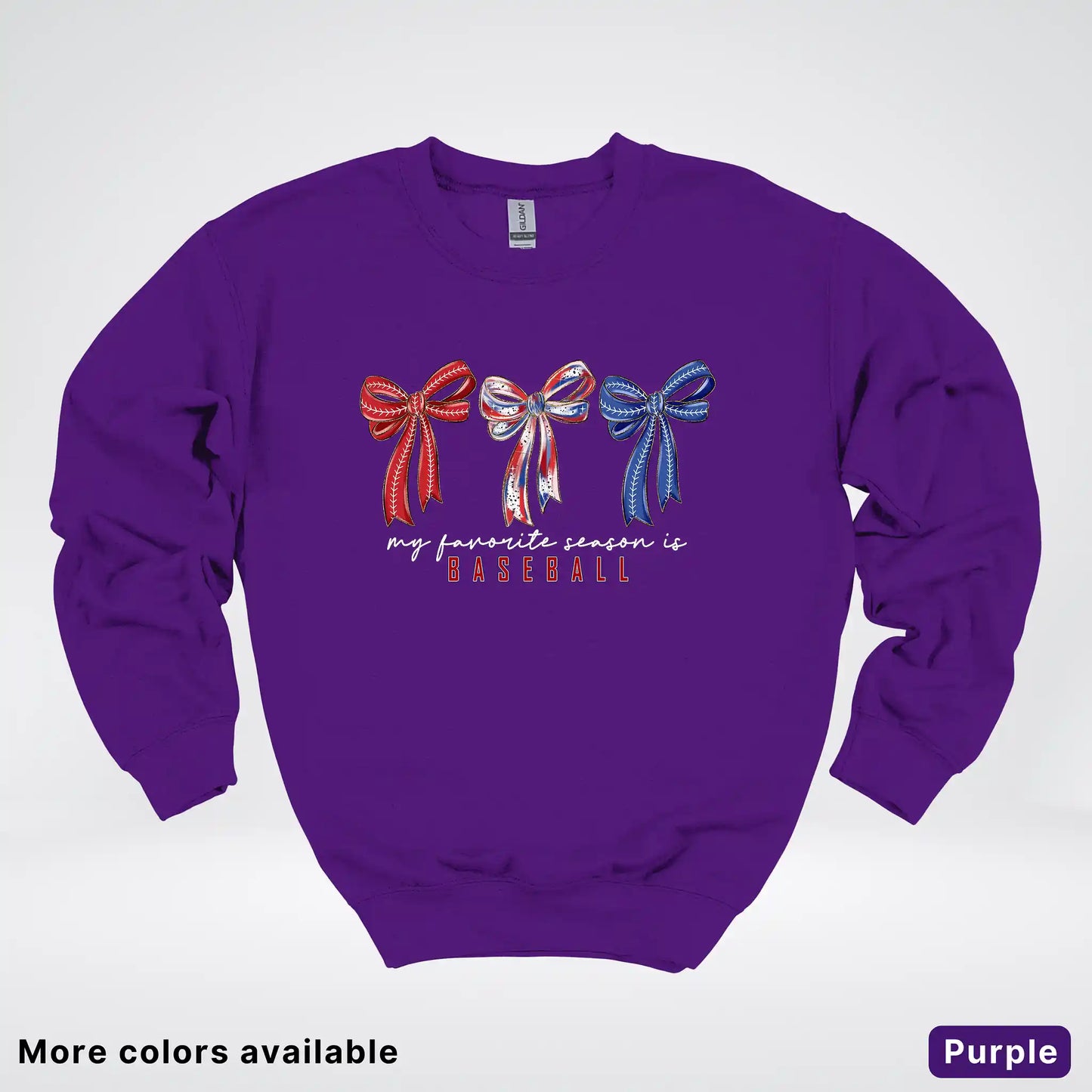 My Favorite Season Is Baseball – Red White Blue Bow Graphic Crewneck Sweatshirt