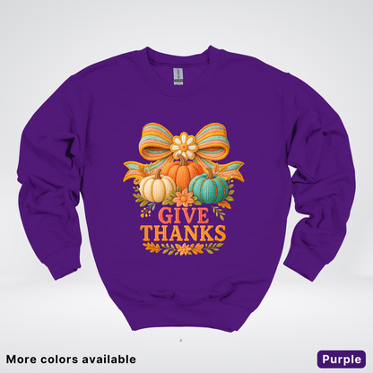 Give Thanks Crochet Thanksgiving Fall Pumpkin - Crewneck Sweatshirt