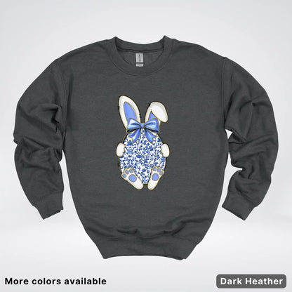 Blue Toile Easter Bunny – Porcelain Bow Bunny Spring Graphic - Crewneck Sweatshirt
