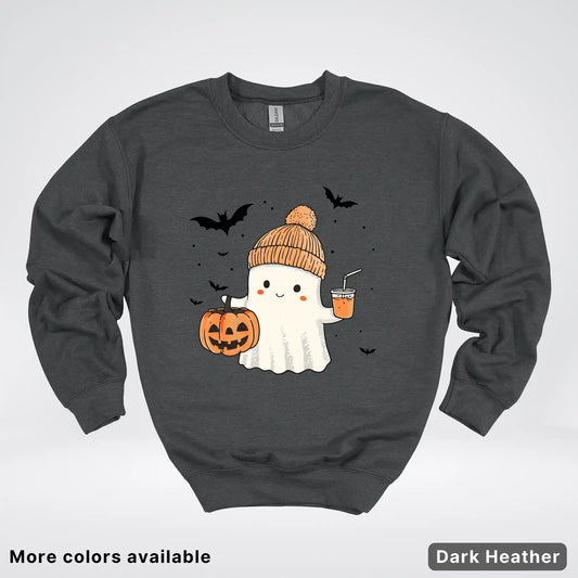 Cute Fall Ghost with Pumpkin And Bats Crewneck Sweatshirt