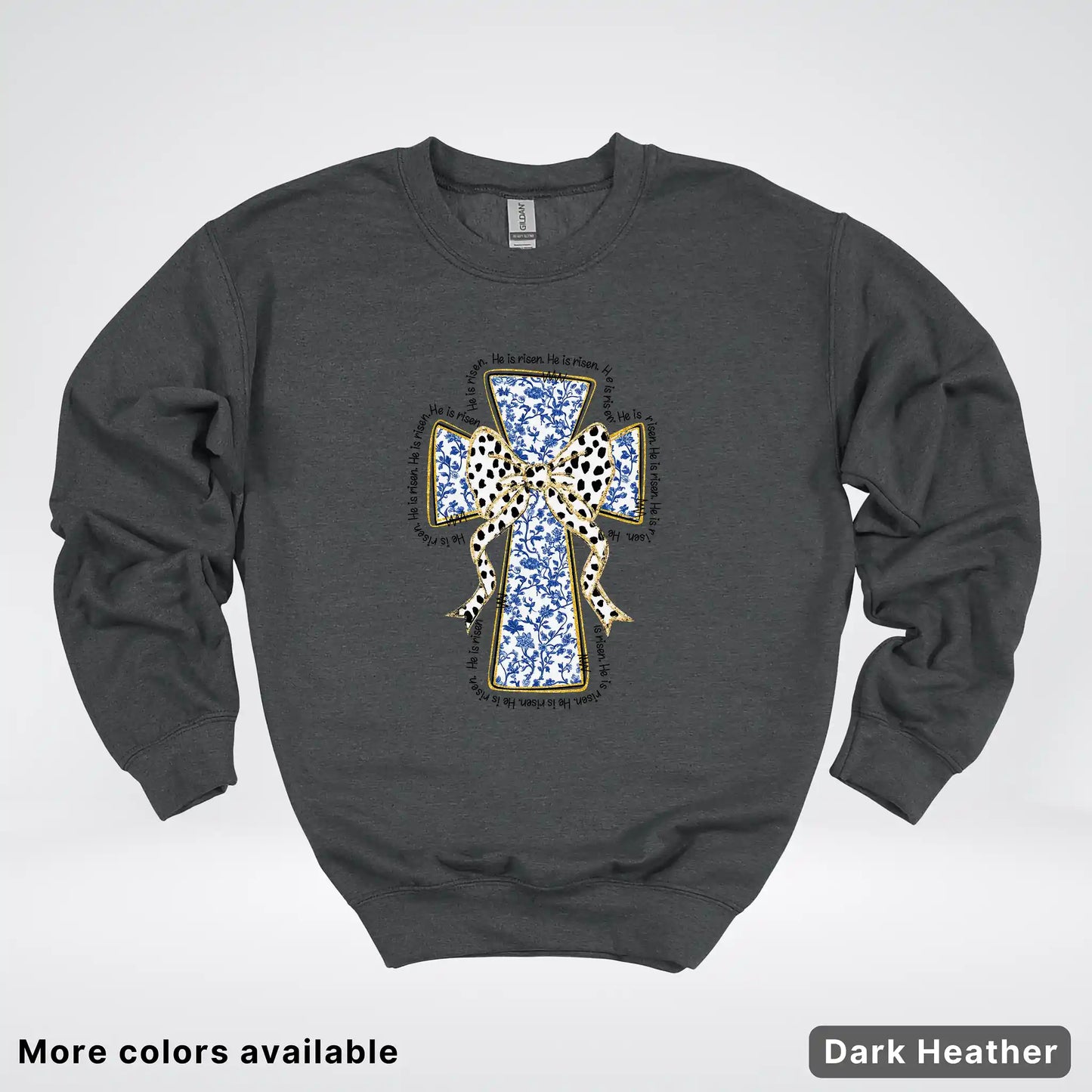 He Is Risen Cross – Blue Toile Easter Faith Graphic - Crewneck Sweatshirt