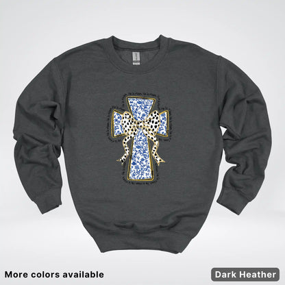He Is Risen Cross – Blue Toile Easter Faith Graphic - Crewneck Sweatshirt