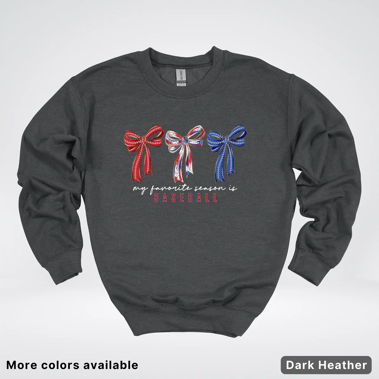 My Favorite Season Is Baseball – Red White Blue Bow Graphic Crewneck Sweatshirt