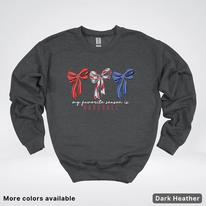 My Favorite Season Is Baseball – Red White Blue Bow Graphic Crewneck Sweatshirt