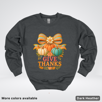 Give Thanks Crochet Thanksgiving Fall Pumpkin - Crewneck Sweatshirt