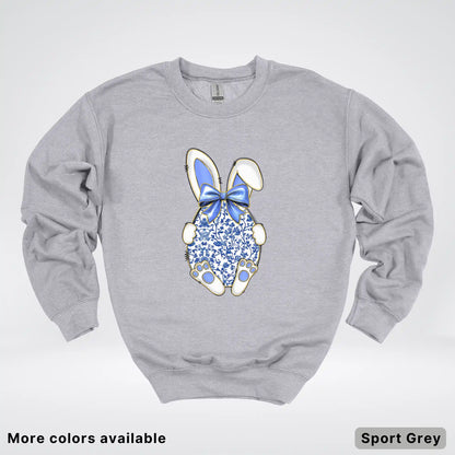 Blue Toile Easter Bunny – Porcelain Bow Bunny Spring Graphic - Crewneck Sweatshirt