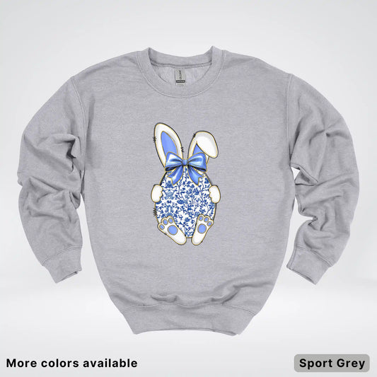 Blue Toile Easter Bunny – Porcelain Bow Bunny Spring Graphic - Crewneck Sweatshirt