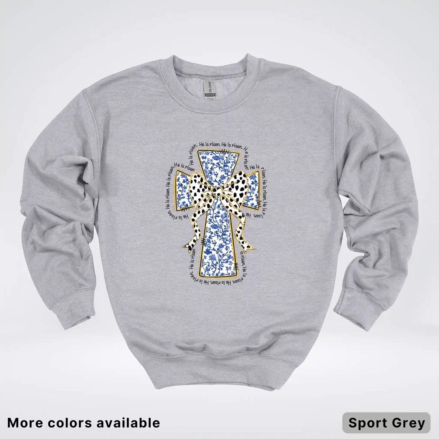 He Is Risen Cross – Blue Toile Easter Faith Graphic - Crewneck Sweatshirt