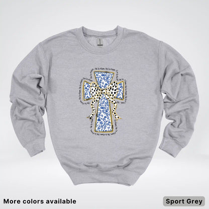 He Is Risen Cross – Blue Toile Easter Faith Graphic - Crewneck Sweatshirt