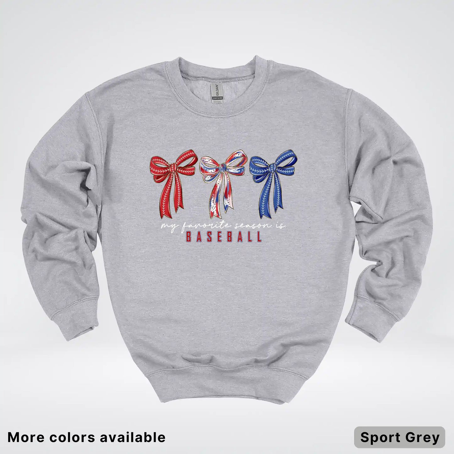 My Favorite Season Is Baseball – Red White Blue Bow Graphic Crewneck Sweatshirt