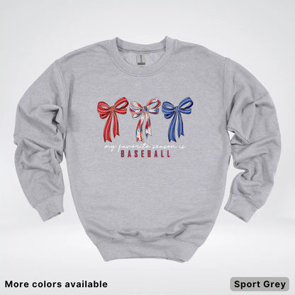 My Favorite Season Is Baseball – Red White Blue Bow Graphic Crewneck Sweatshirt
