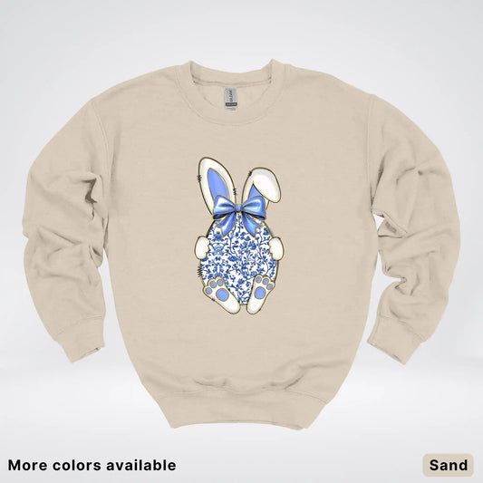 Blue Toile Easter Bunny – Porcelain Bow Bunny Spring Graphic - Crewneck Sweatshirt