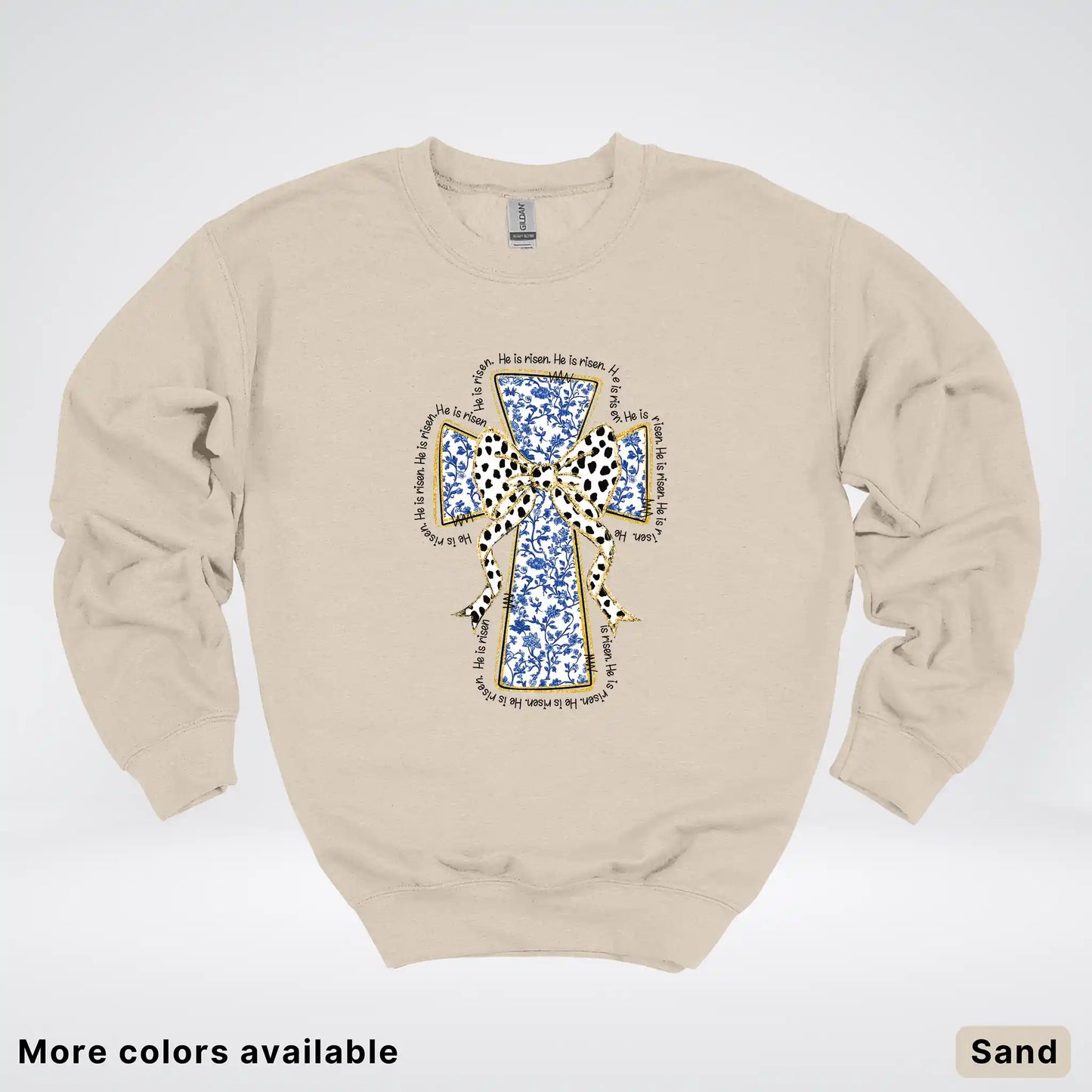 He Is Risen Cross – Blue Toile Easter Faith Graphic - Crewneck Sweatshirt