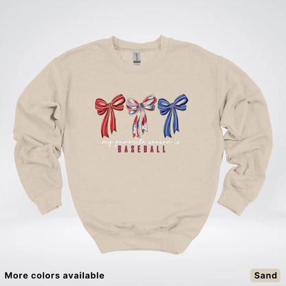 My Favorite Season Is Baseball – Red White Blue Bow Graphic Crewneck Sweatshirt