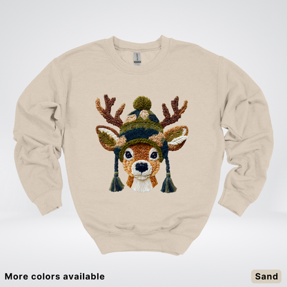 Cozy Winter Reindeer Hook Yard Faux Texture - Crewneck Sweatshirt