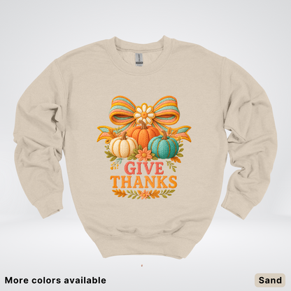 Give Thanks Crochet Thanksgiving Fall Pumpkin - Crewneck Sweatshirt