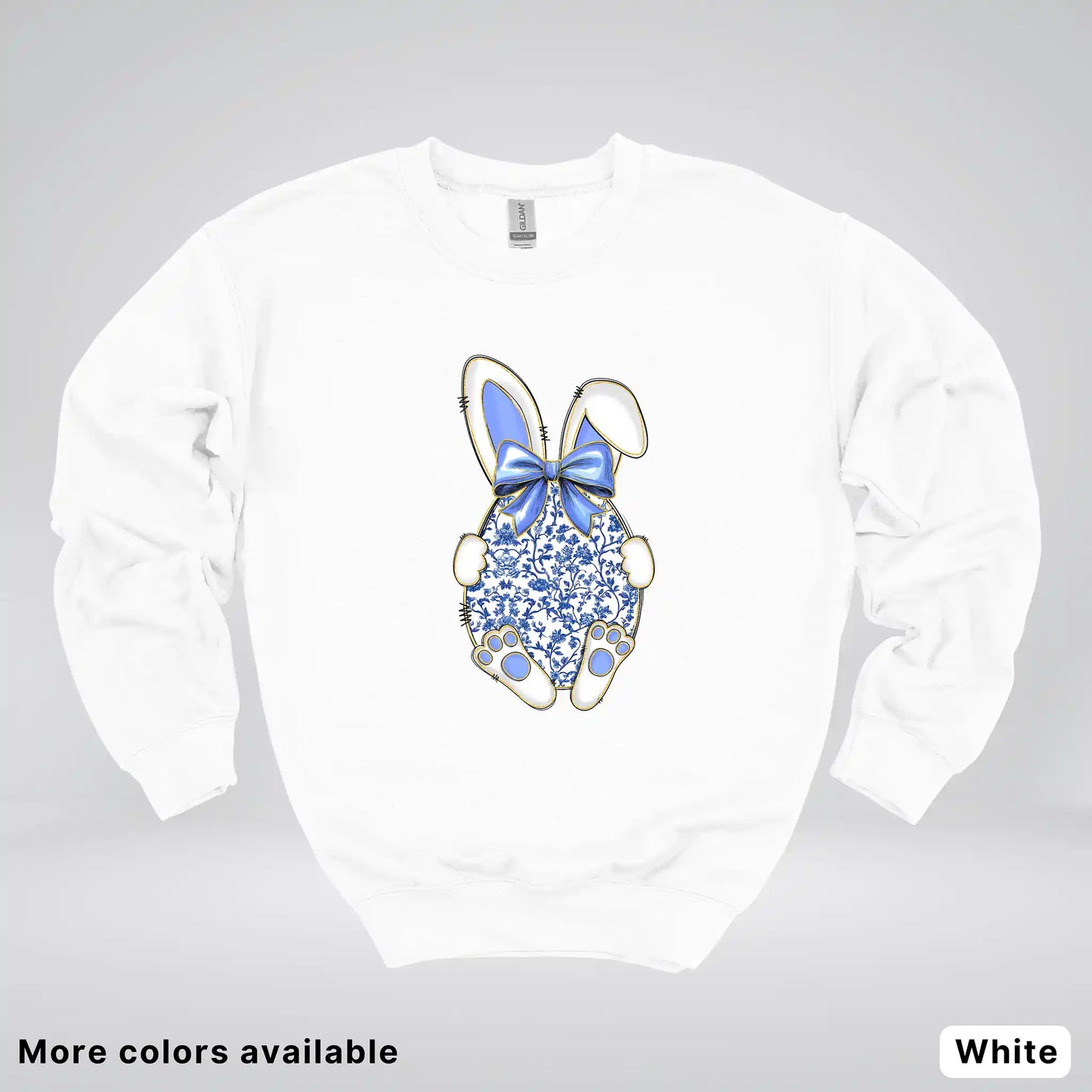 Blue Toile Easter Bunny – Porcelain Bow Bunny Spring Graphic - Crewneck Sweatshirt