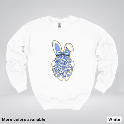 Blue Toile Easter Bunny – Porcelain Bow Bunny Spring Graphic - Crewneck Sweatshirt