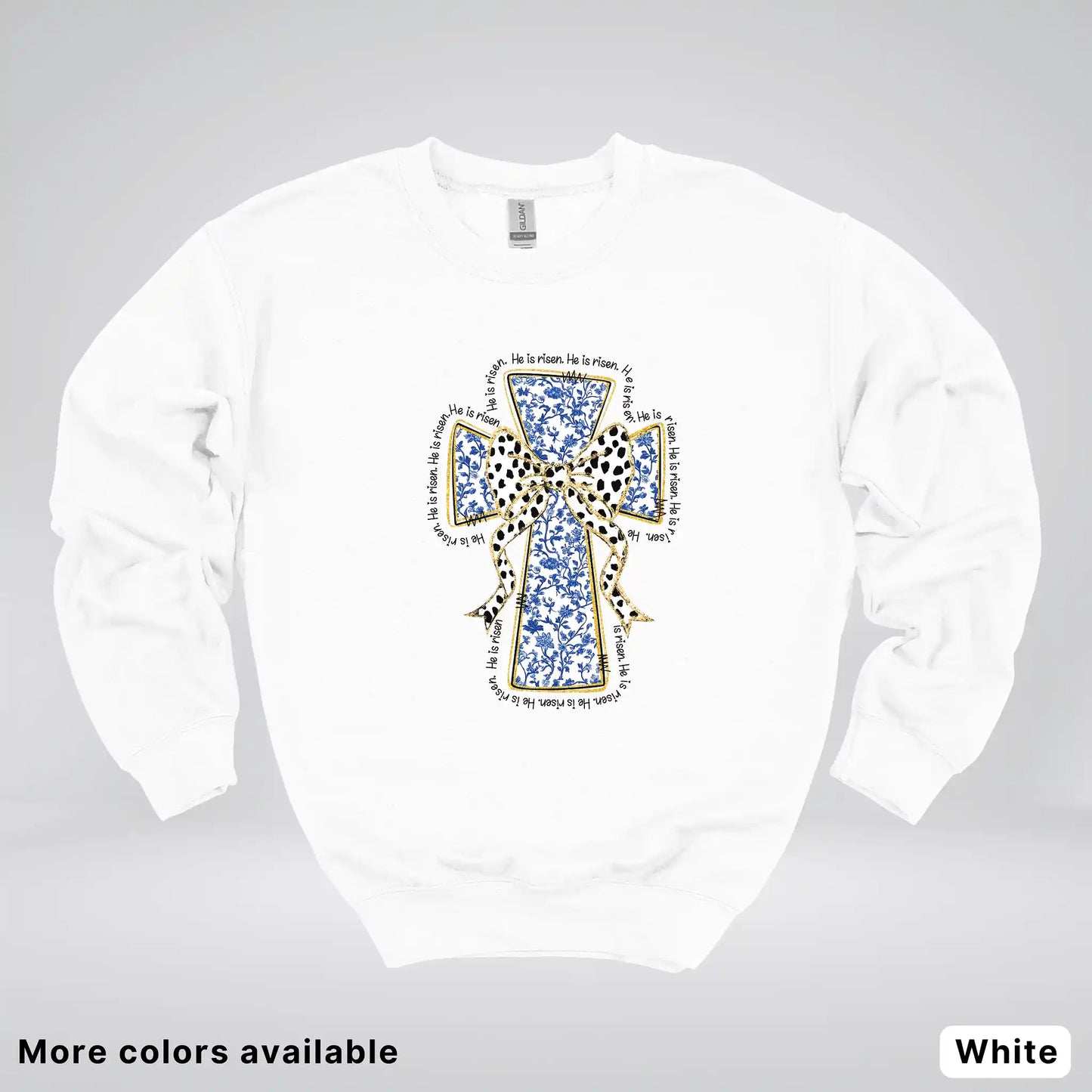 He Is Risen Cross – Blue Toile Easter Faith Graphic - Crewneck Sweatshirt