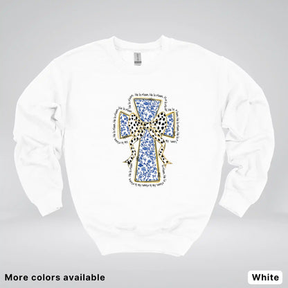 He Is Risen Cross – Blue Toile Easter Faith Graphic - Crewneck Sweatshirt
