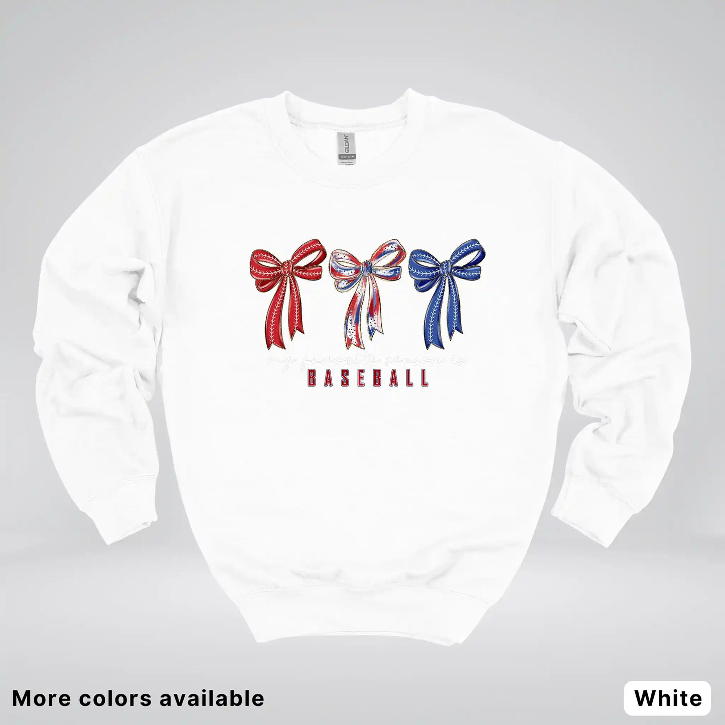 My Favorite Season Is Baseball – Red White Blue Bow Graphic Crewneck Sweatshirt
