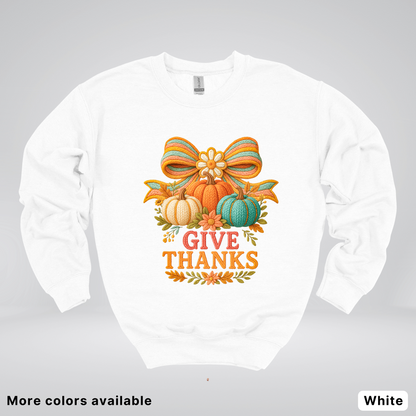 Give Thanks Crochet Thanksgiving Fall Pumpkin - Crewneck Sweatshirt