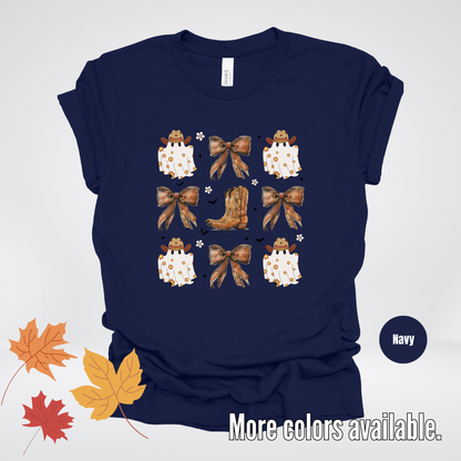 Western Coquette Leather Cowboy Boots And Fall Ghosts with Flowers and Bats T-Shirt