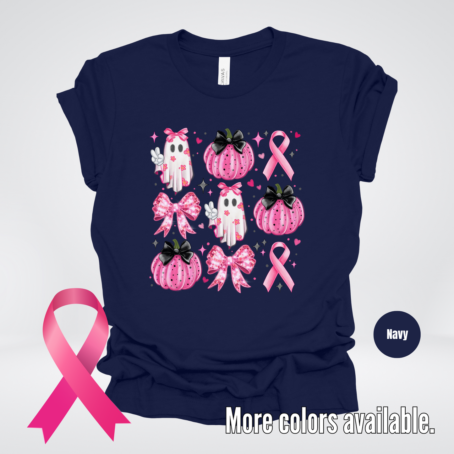 Ghost & Pumpkins Coquette Breast Cancer Awareness T-Shirt