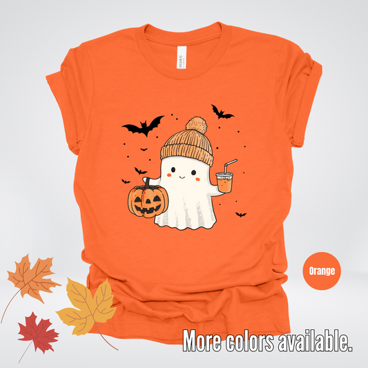 Cute Fall Ghost with Pumpkin And Bats T-Shirt