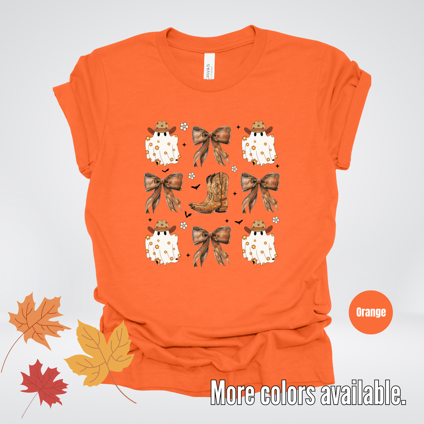 Western Coquette Leather Cowboy Boots And Fall Ghosts with Flowers and Bats T-Shirt