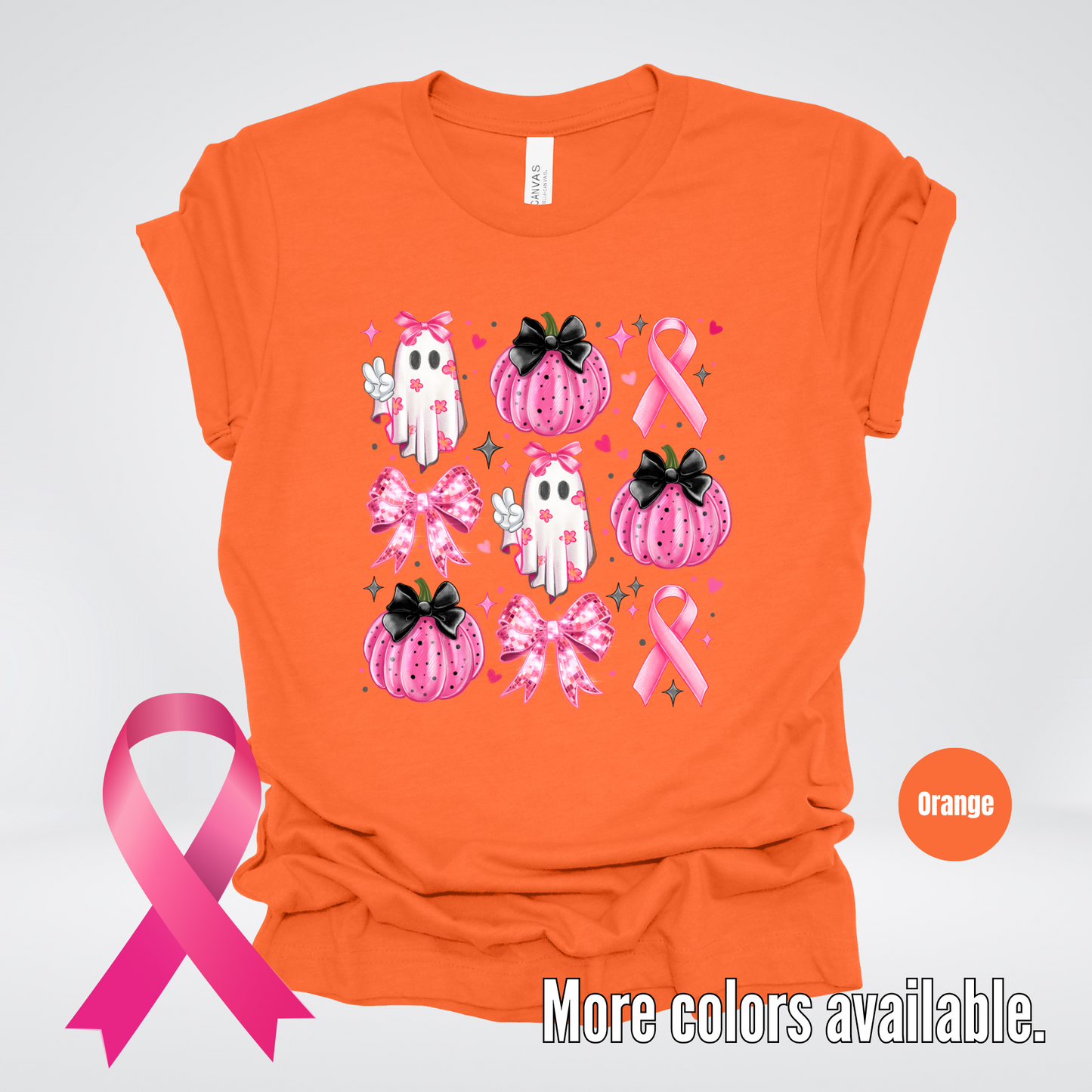 Ghost & Pumpkins Coquette Breast Cancer Awareness T-Shirt