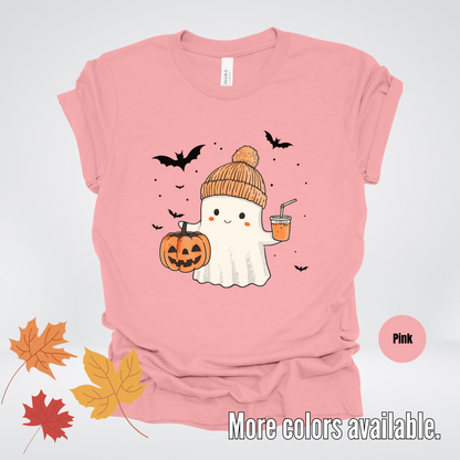 Cute Fall Ghost with Pumpkin And Bats T-Shirt